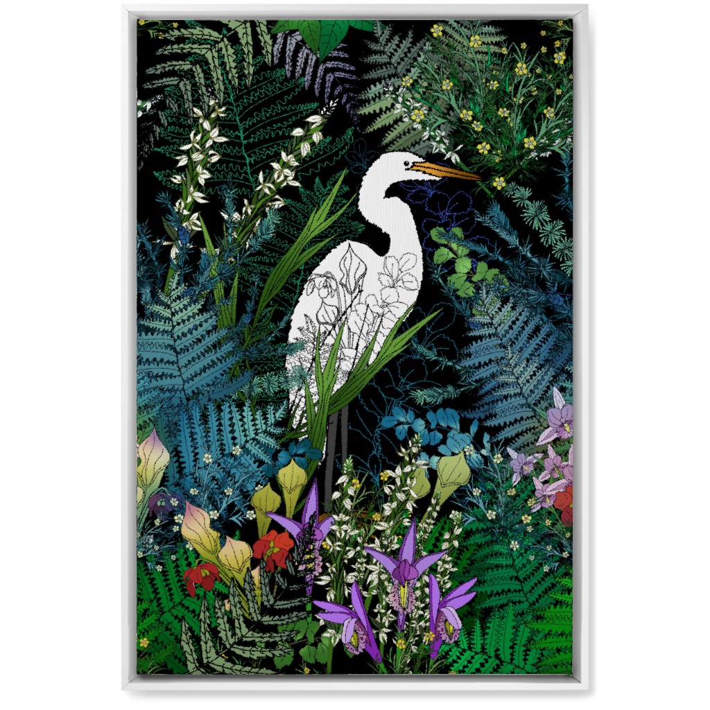 Egret in an Evening Water Garden - Multi Wall Art, White, Single piece, Canvas, 20x30, Multicolor