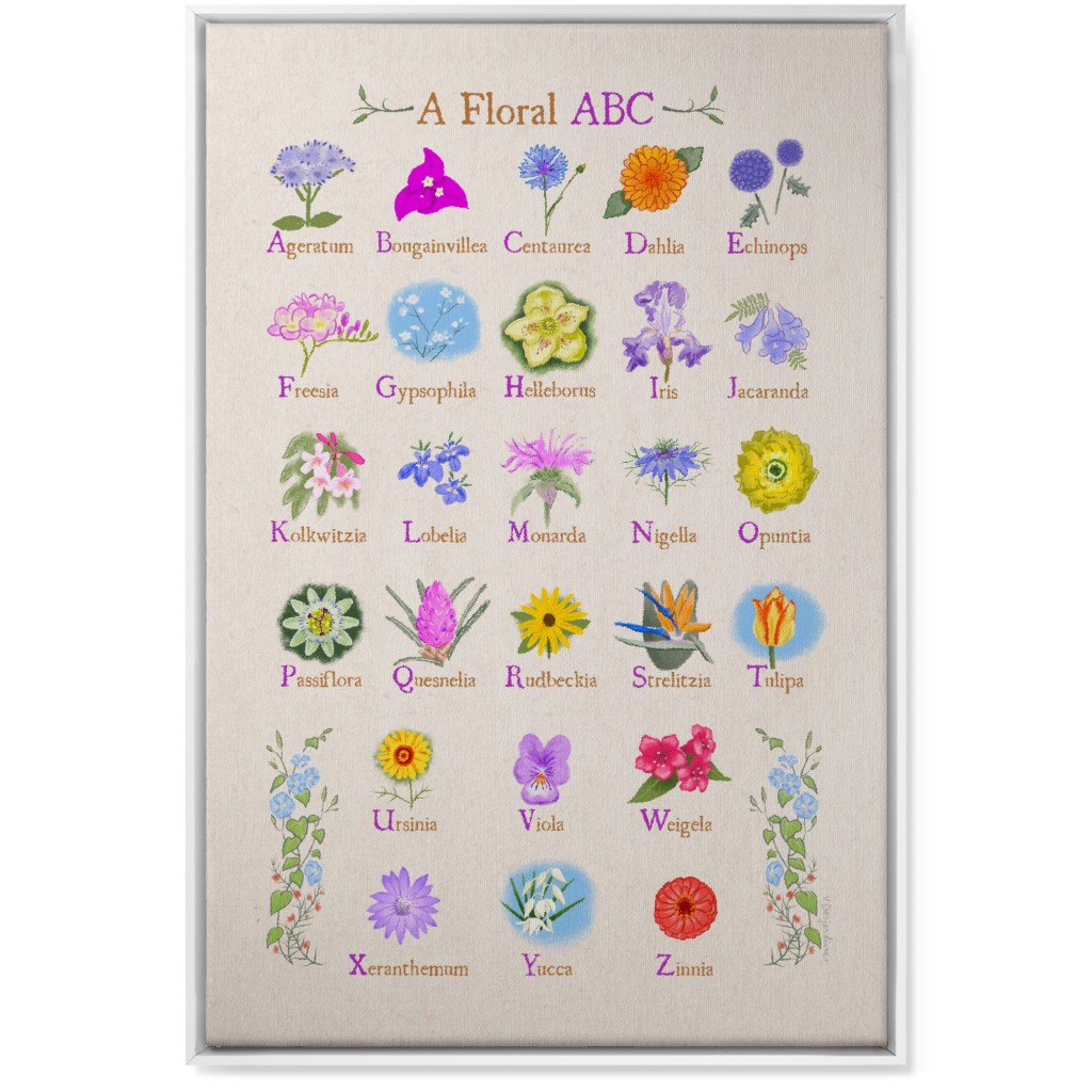 Floral Abcs - Multi on Pink Wall Art, White, Single piece, Canvas, 24x36, Multicolor