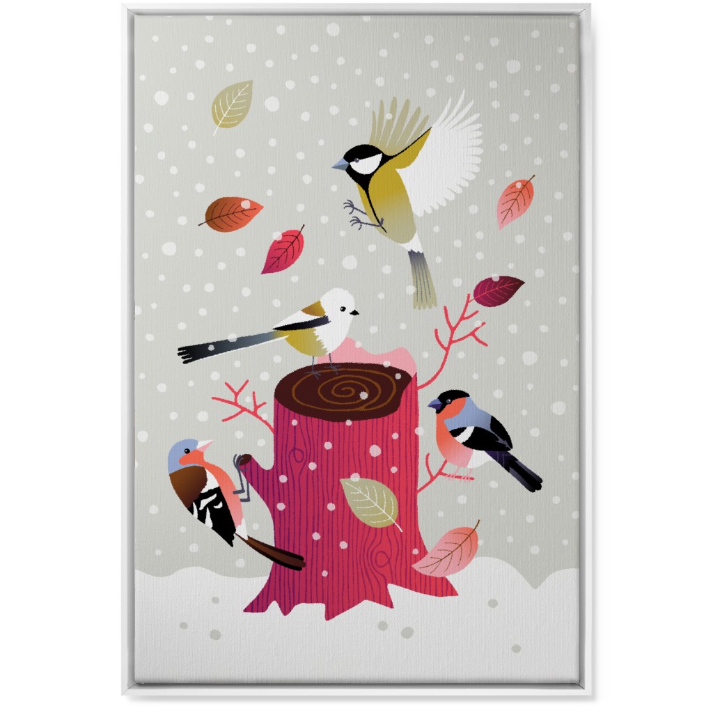 Winter Birds on Tree Stump - Red & Gray Wall Art, White, Single piece, Canvas, 24x36, Multicolor