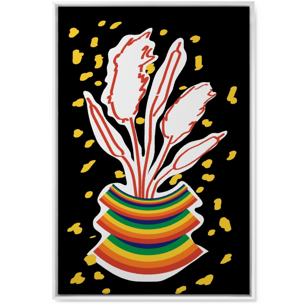 Retro Rainbow Abstract Floral in Vase - Multi on Black Wall Art, White, Single piece, Canvas, 24x36, Multicolor