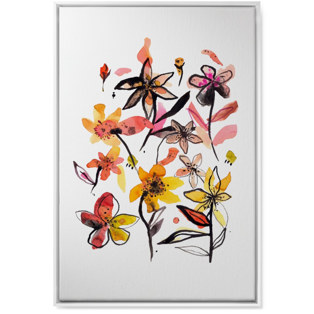 Ink Summer Floral - Pink and Yellow Wall Art, White, Single piece, Canvas, 24x36, Pink