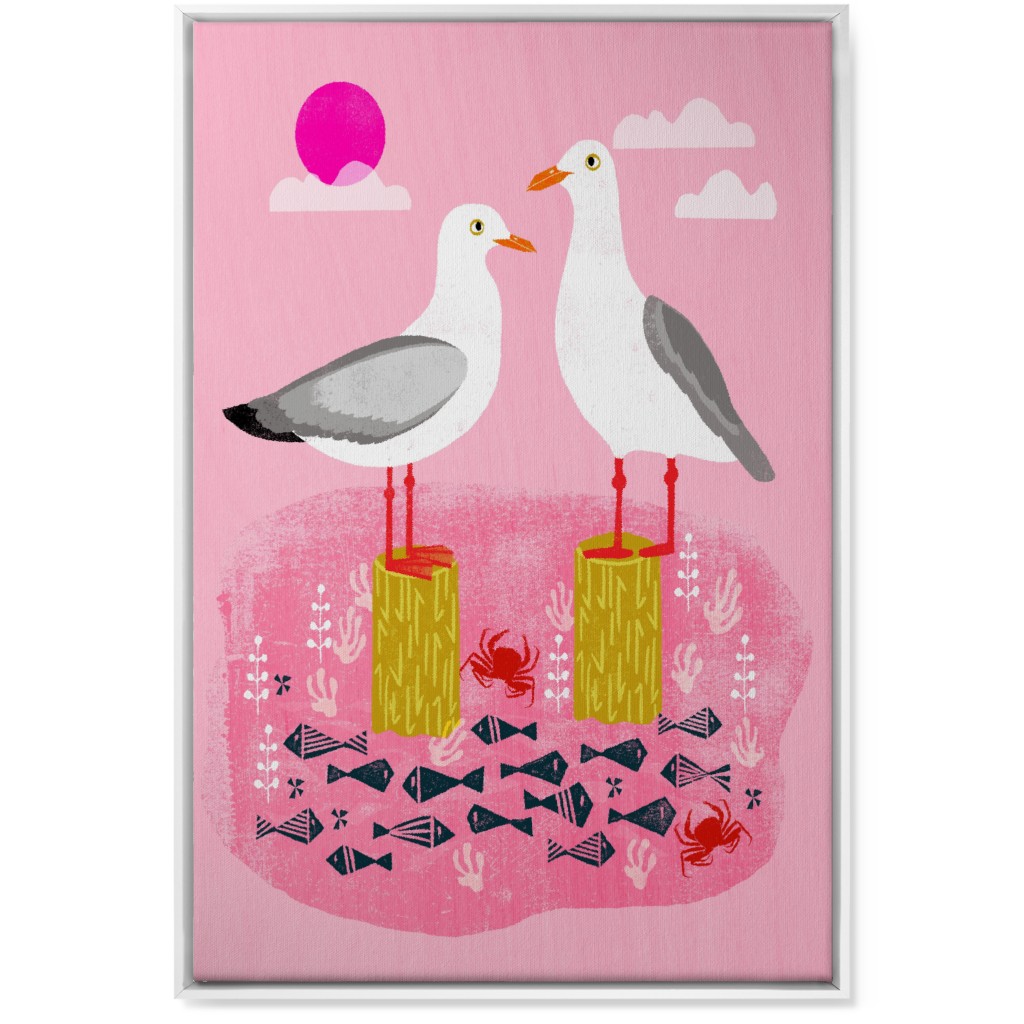 Perched Seagulls - Pink Wall Art, White, Single piece, Canvas, 24x36, Pink, Bright Pink