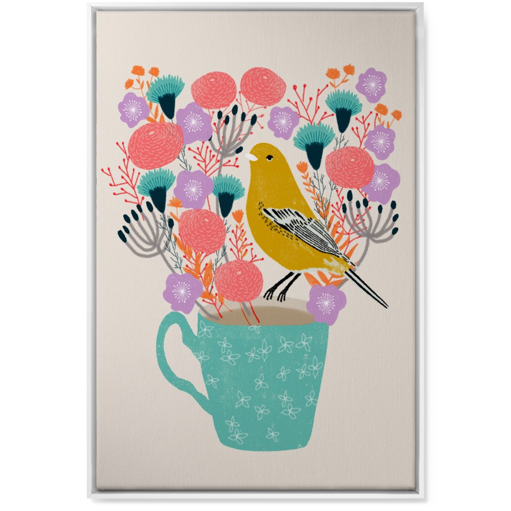 Yellow Bird on Teacup Bouquet Wall Art, White, Single piece, Canvas, 24x36, Multicolor