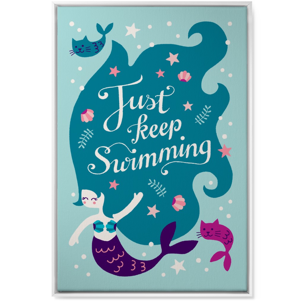 Mermaid Just Keep Swimming - Blue Wall Art, White, Single piece, Canvas, 24x36, Blue