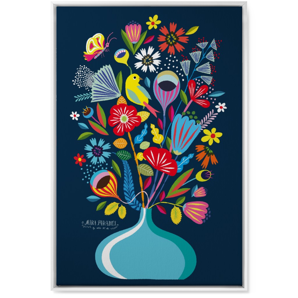 Folk Art Bouquet - Multi on Navy Wall Art, White, Single piece, Canvas, 24x36, Multicolor