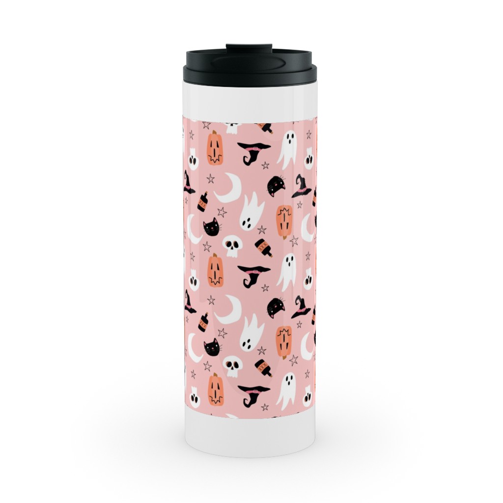 Sweet Halloween - Pumpkin, Witch, Ghost, & Cat - Pink Stainless Mug, White,  , 16oz, Pink