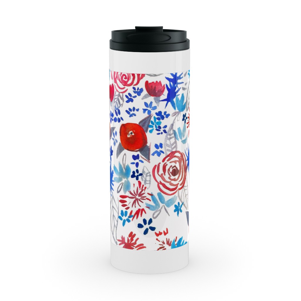 Patriotic Watercolor Floral - Red White and Blue Stainless Mug, White,  , 16oz, Multicolor
