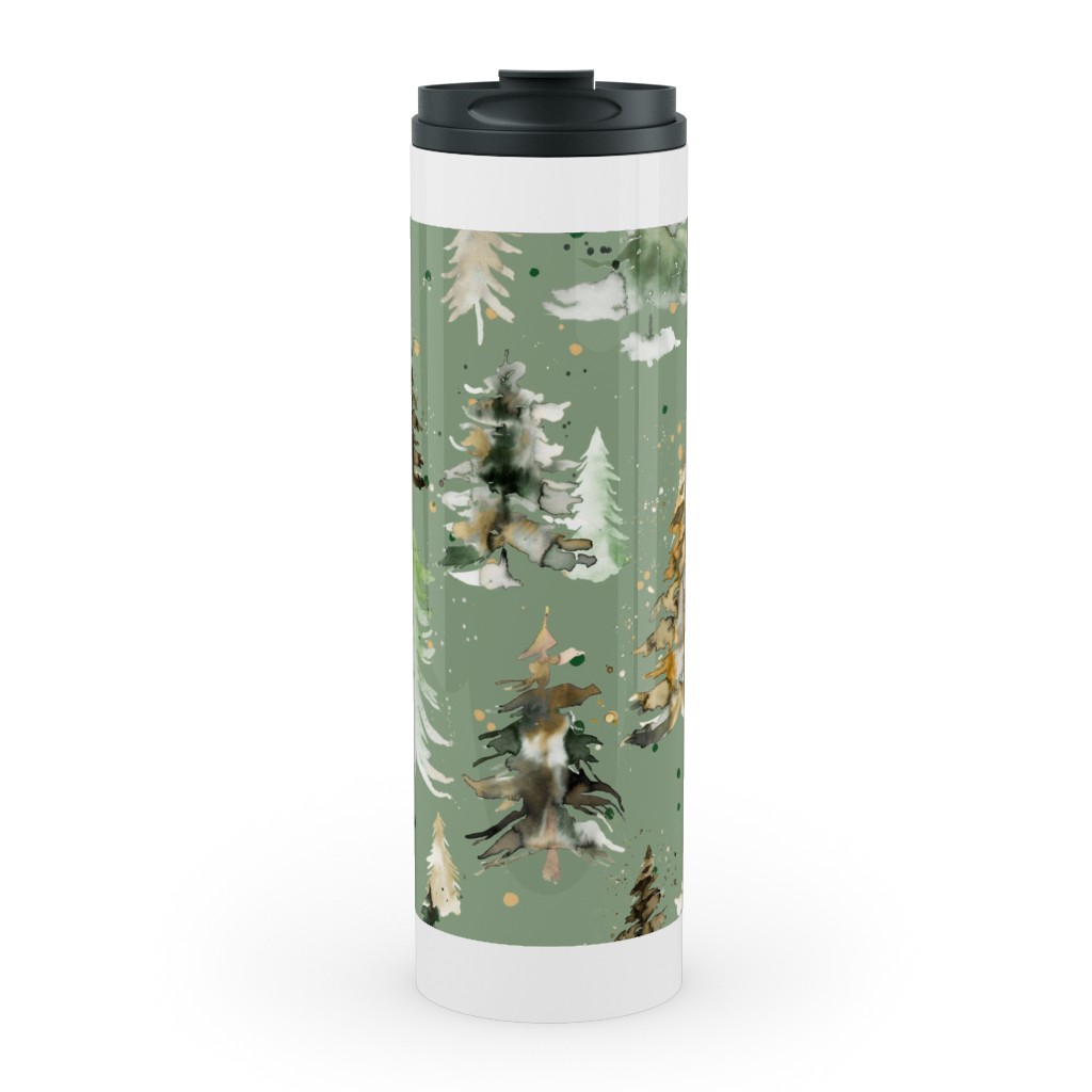 Watercolor Pines and Spruces Christmas - Green Stainless Mug, White,  , 20oz, Green