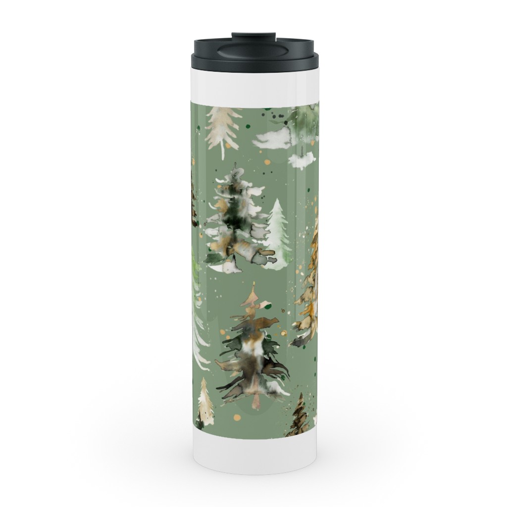 Watercolor Pines and Spruces Christmas - Green Stainless Mug, White, , 20oz, Green, Classic Green