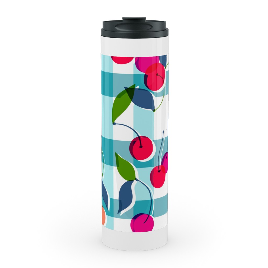 Cherry Gingham - Blue Stainless Mug, White, , 20oz, Blue, True Blue