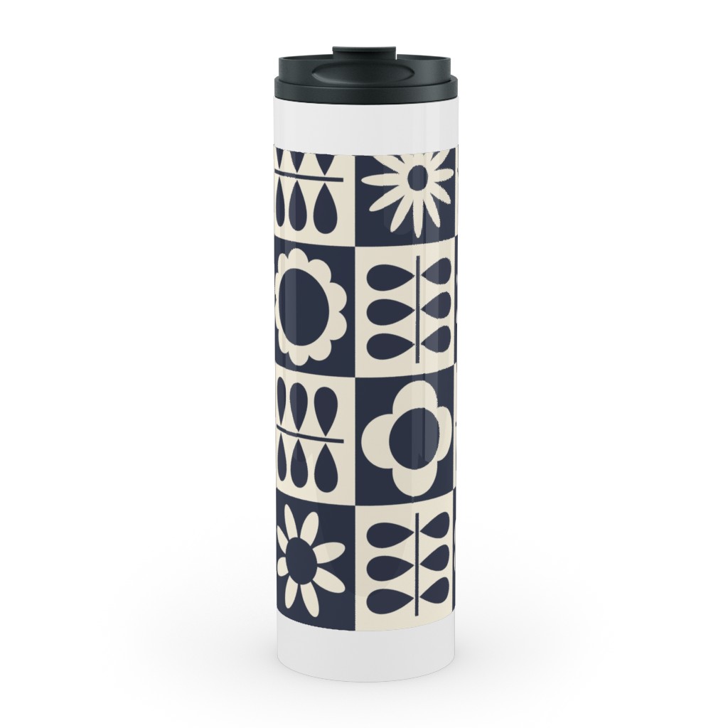 Scandinavian Checker Blooms - Off White and Navy Stainless Mug, White, , 20oz, Black, Black