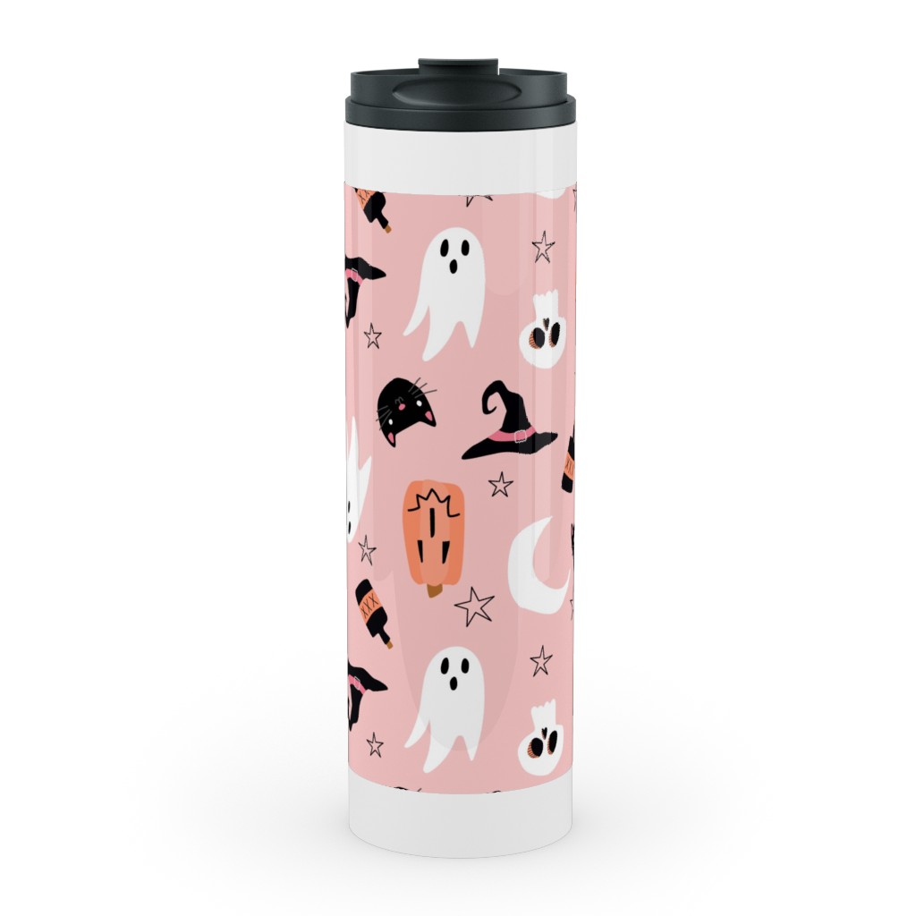 Sweet Halloween Pumpkin, Witch, Ghost, Cat Stainless Mug, White,  , 20oz, Pink