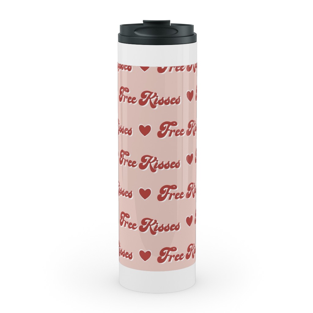 Free Kisses - Retro Hearts - Red on Pink Stainless Mug, White,  , 20oz, Pink