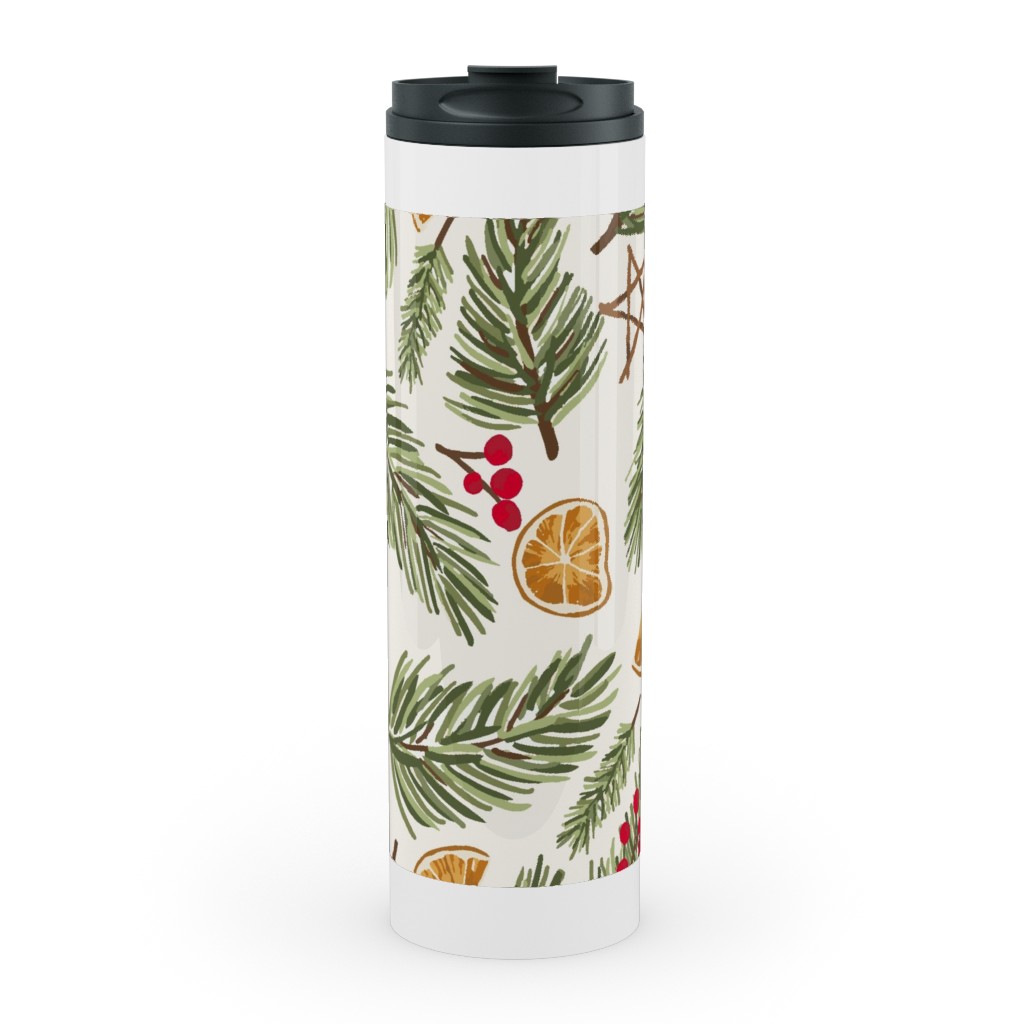Festive Christmas Pine Sprigs and Orange Slices Stainless Mug, White, , 20oz, Multicolor