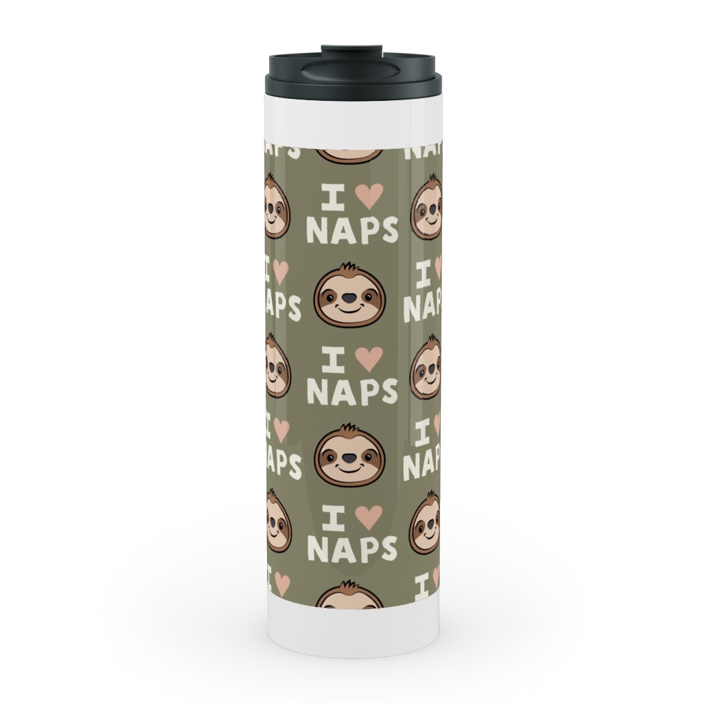 I Heart Naps - Cute Sloths - Olive Green Stainless Mug, White,  , 20oz, Green