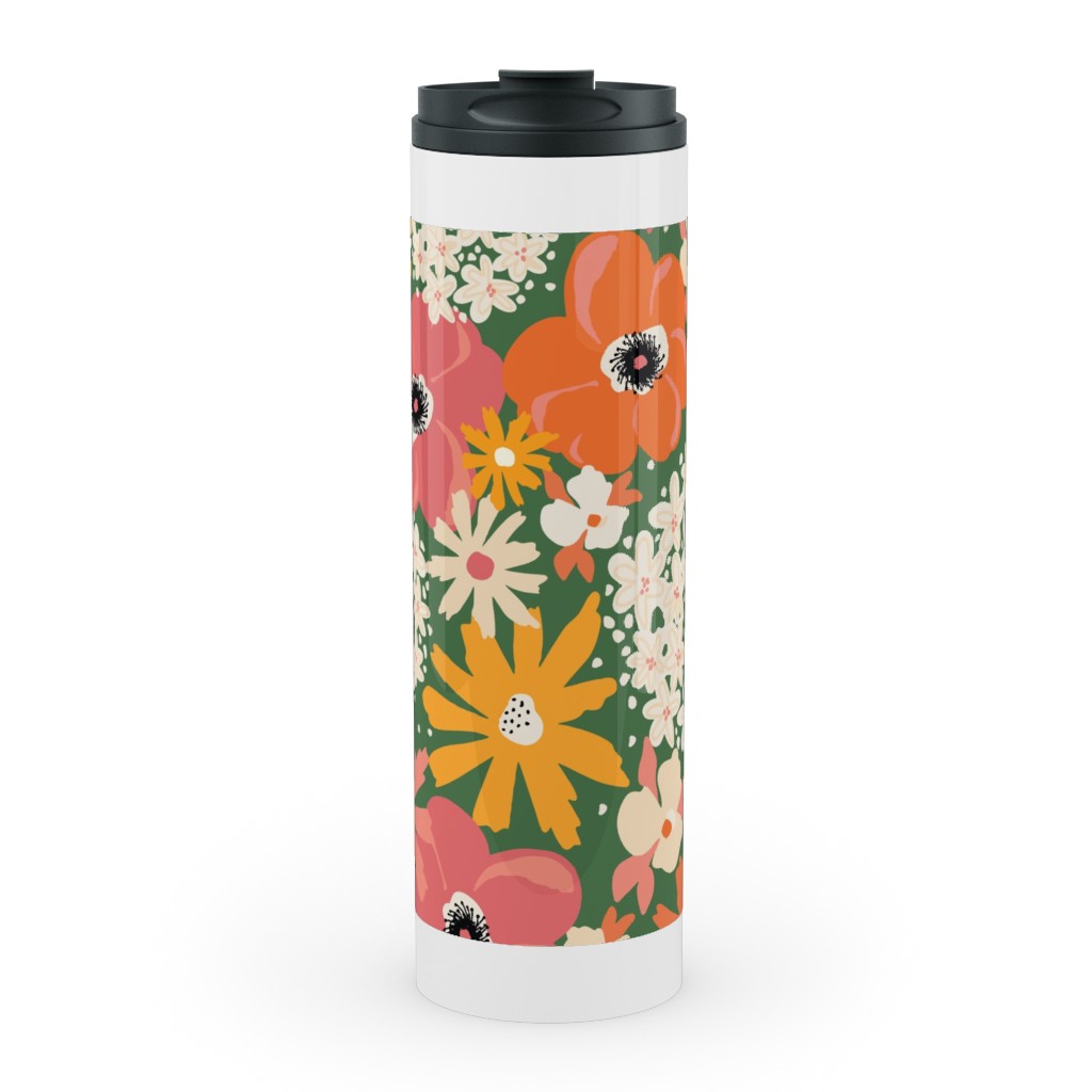Summer Florals - Green Pink White and Orange Stainless Mug, White,  , 20oz, Multicolor