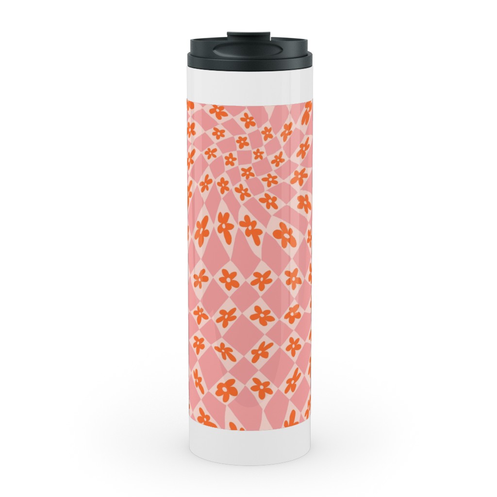 Trippy Checker - Floral - Pink and Orange Stainless Mug, White, , 20oz, Pink, Bright Pink