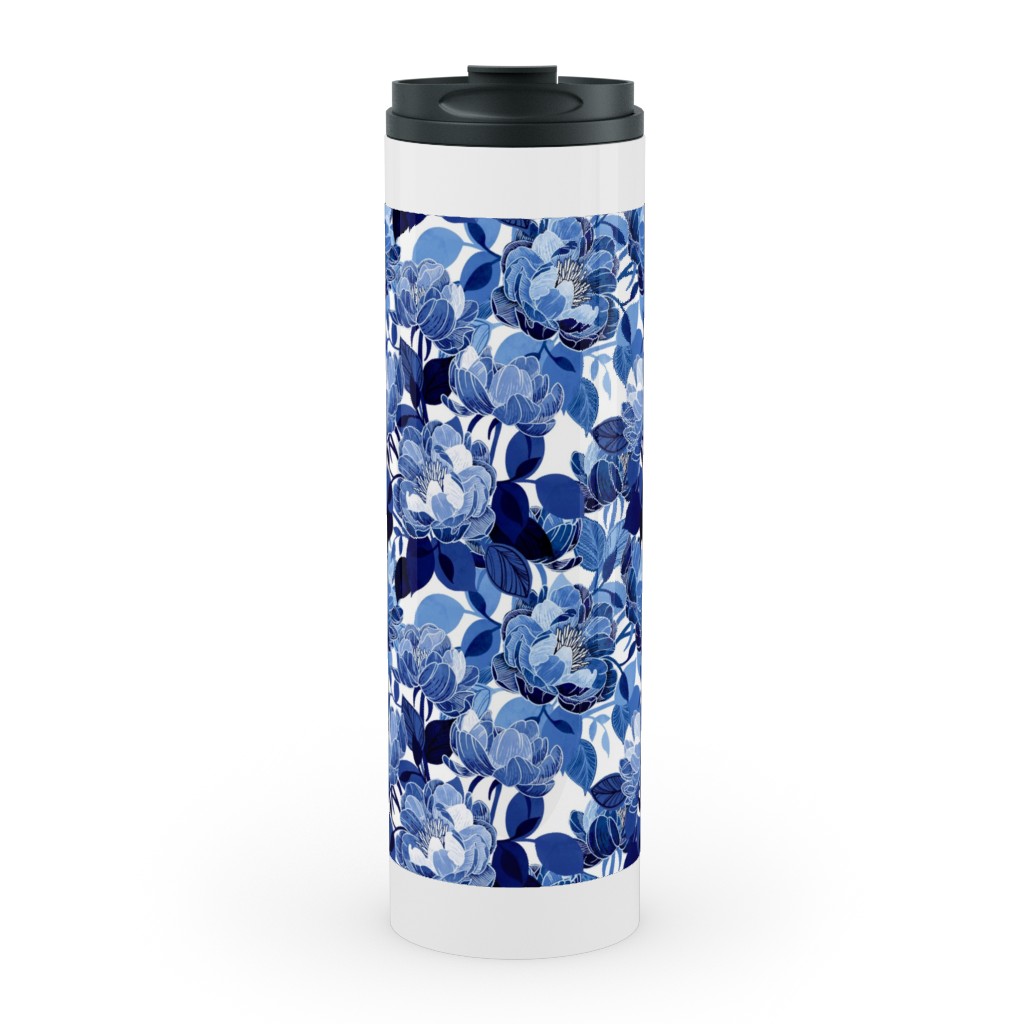 Chintz Peonies - Blue Stainless Mug, White, , 20oz, Blue, True Blue