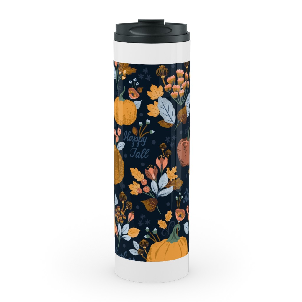 Smaller Scale Elegant Navy Fall Floral - Harvest Gratitude + Cozy Petal Solids Stainless Mug, White,  , 20oz, Orange