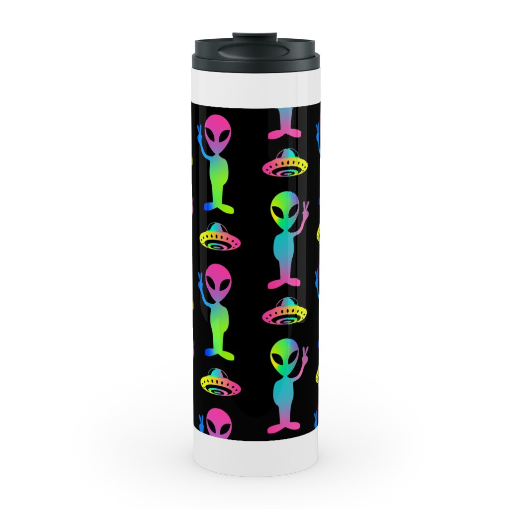90's Rainbow Aliens and Ufos - Multi on Black Stainless Mug, White,  , 20oz, Black
