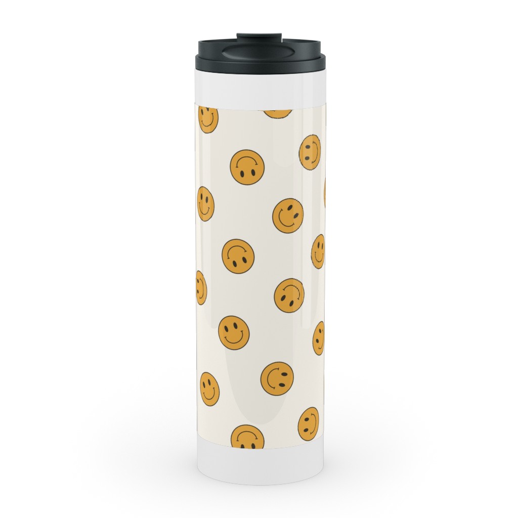 Retro Smiley Face - Cream and Yellow Stainless Mug, White, , 20oz, Yellow, Classic Yellow