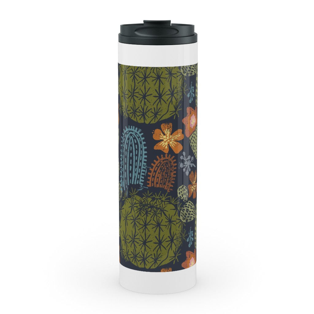 Cactus Garden - Block Print Style - Dark Stainless Mug, White,  , 20oz, Green