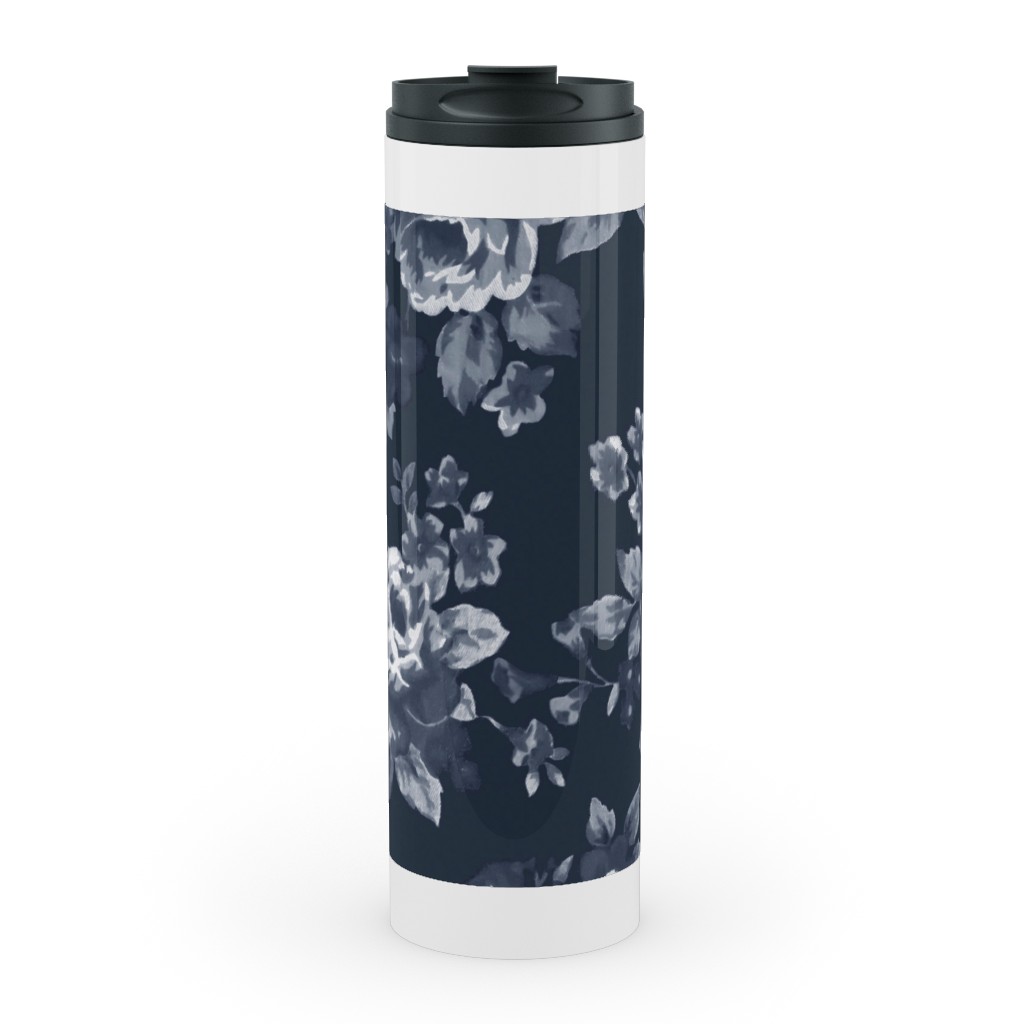 Navy Floral Stainless Mug, White, , 20oz, Blue, True Blue