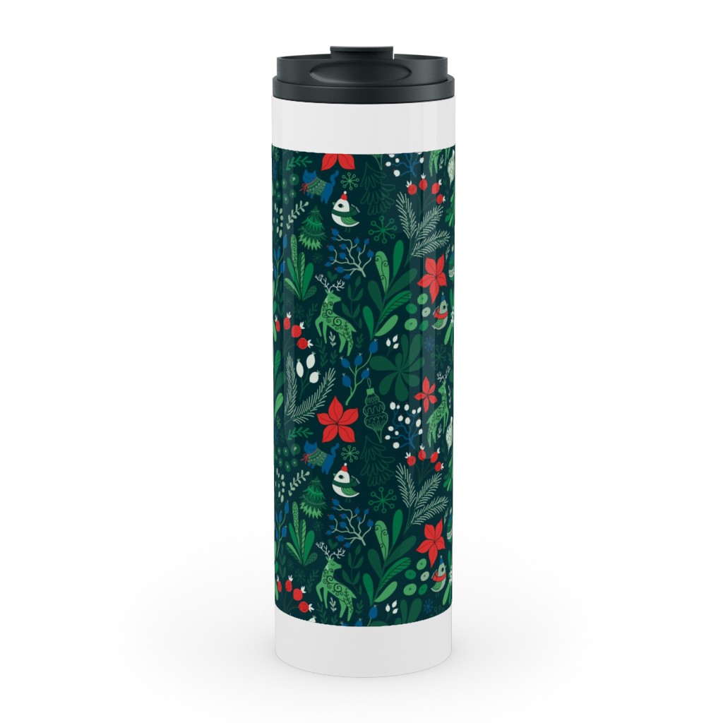 Merry Christmas Floral - Dark Stainless Mug, White,  , 20oz, Green