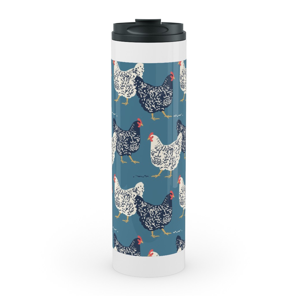 Farmhouse Chickens - Blue Stainless Mug, White,  , 20oz, Blue