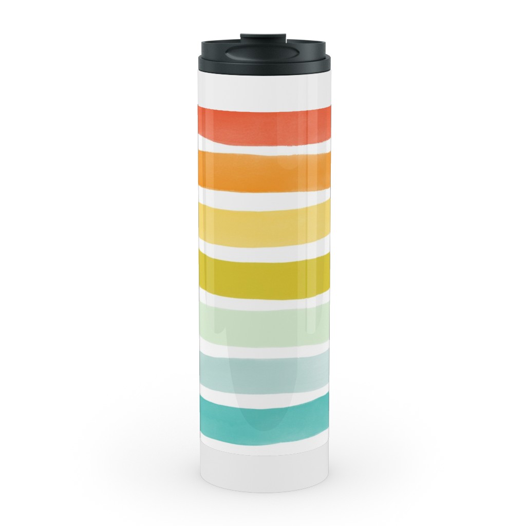 Imperfect Watercolor Stripes Stainless Mug, White, , 20oz, Multicolor, White