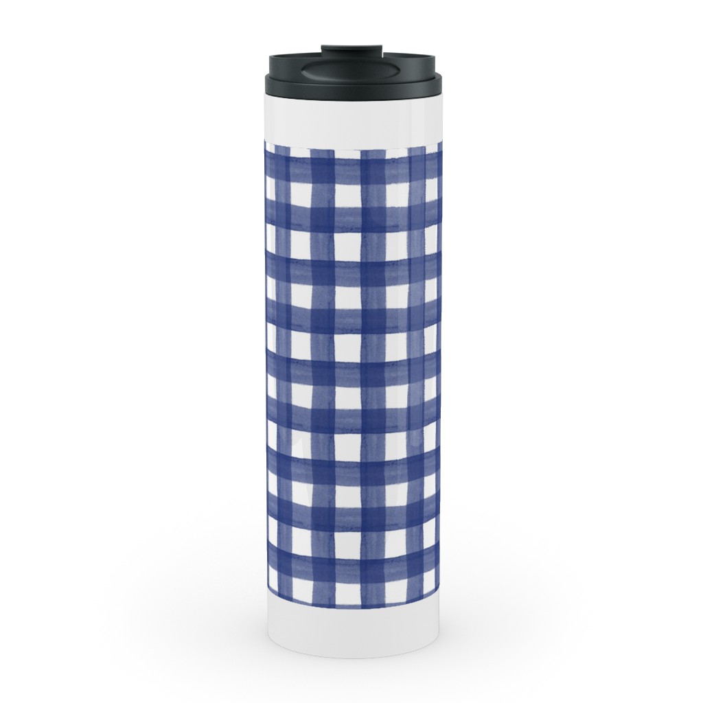 Watercolor Gingham - Navy Blue Stainless Mug, White,  , 20oz, Blue
