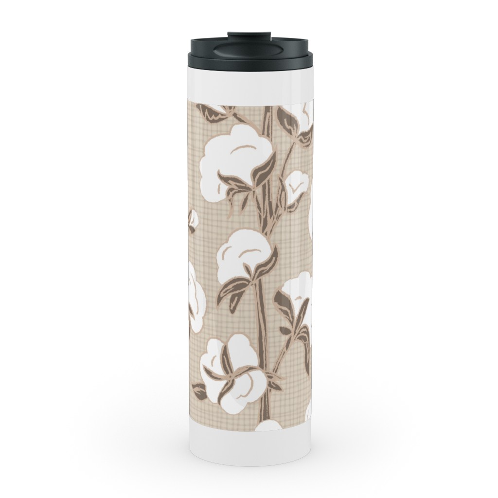 Cotton Stalk Stripe - Brown Stainless Mug, White, , 20oz, Beige, Pearl