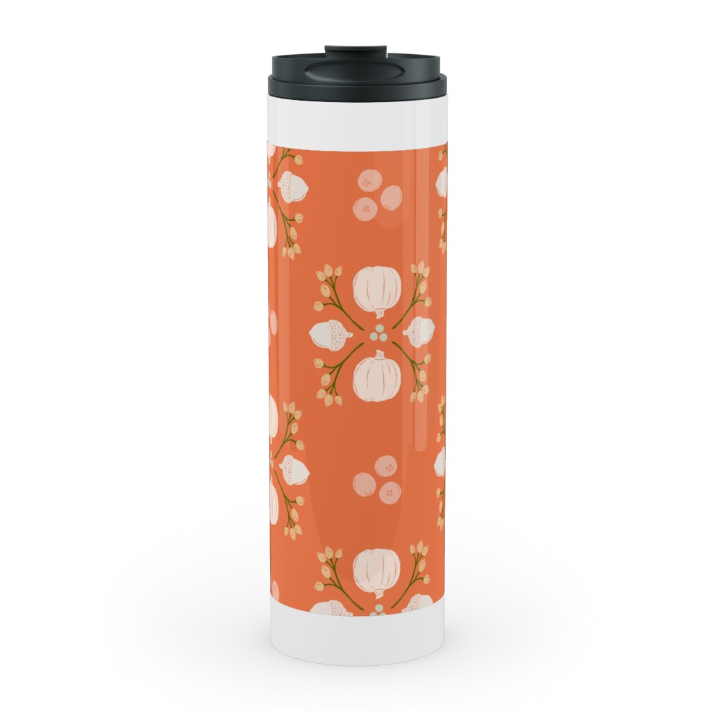 Bright Orange Acorn, Cranberry, & Pumpkin Fall Foliage Damask Stainless Mug, White,  , 20oz, Orange