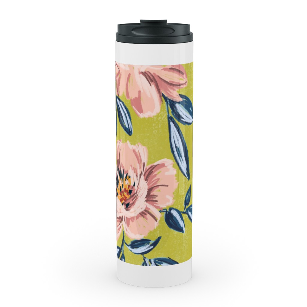 Pink Peonies Stainless Mug, White, , 20oz, Green, Classic Green