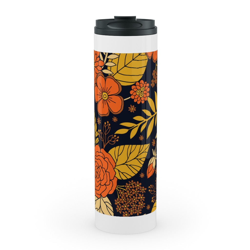 Retro Floral - Orange Brown and Yellow Stainless Mug, White,  , 20oz, Orange