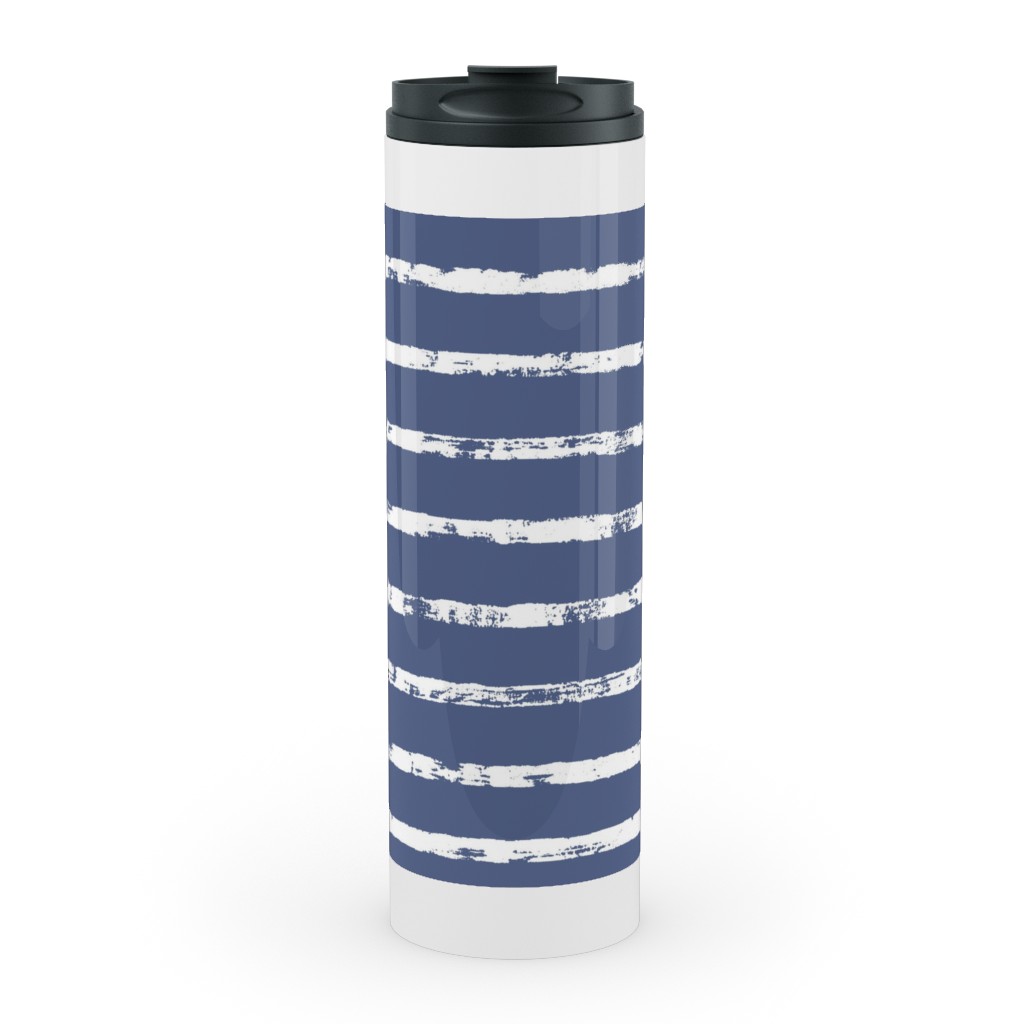 Distressed Dusty Blue and White Stripes Stainless Mug, White,  , 20oz, Blue