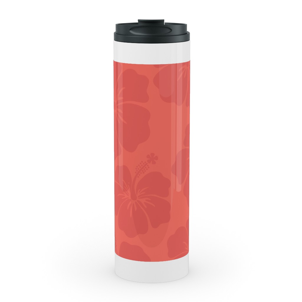 Hibiscus Florals - Coral and Red Stainless Mug, White, , 20oz, Pink, Bright Pink