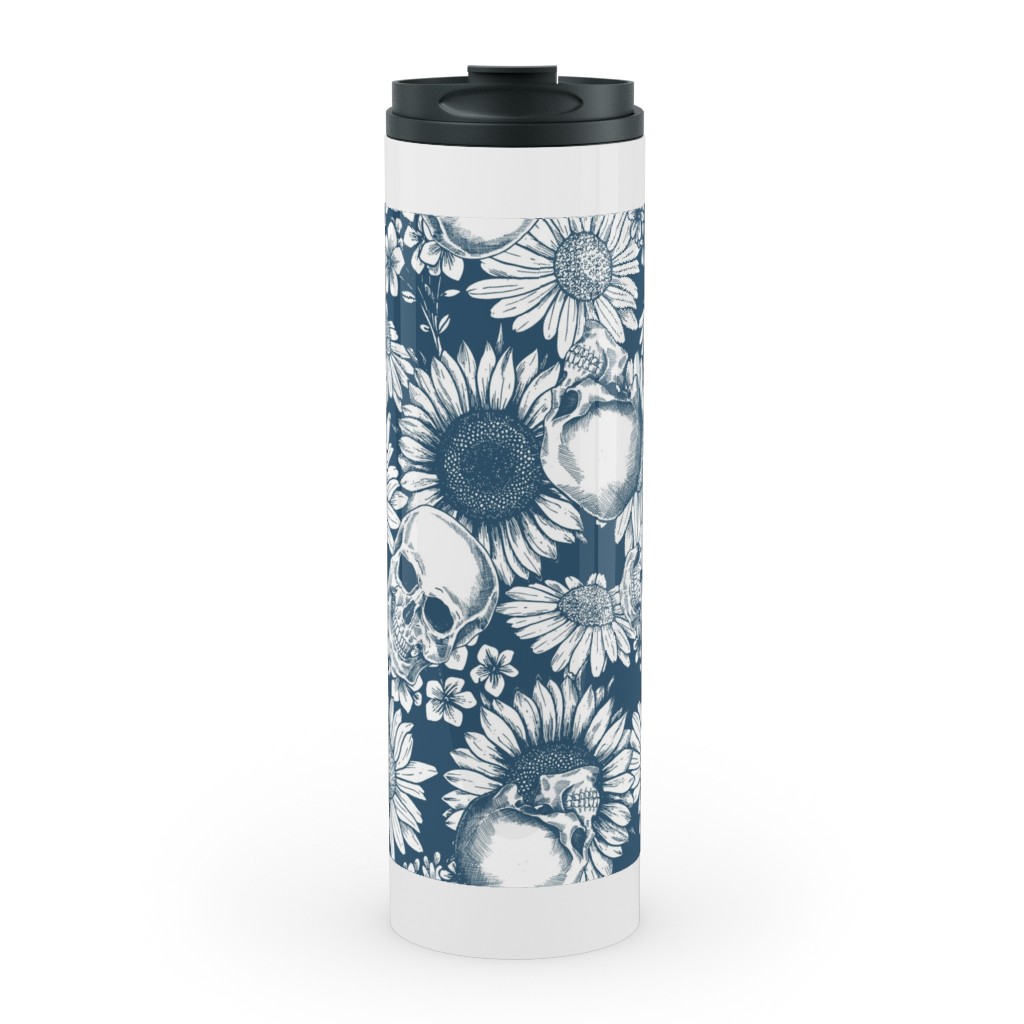 Floral Skull - Blue Stainless Mug, White,  , 20oz, Blue