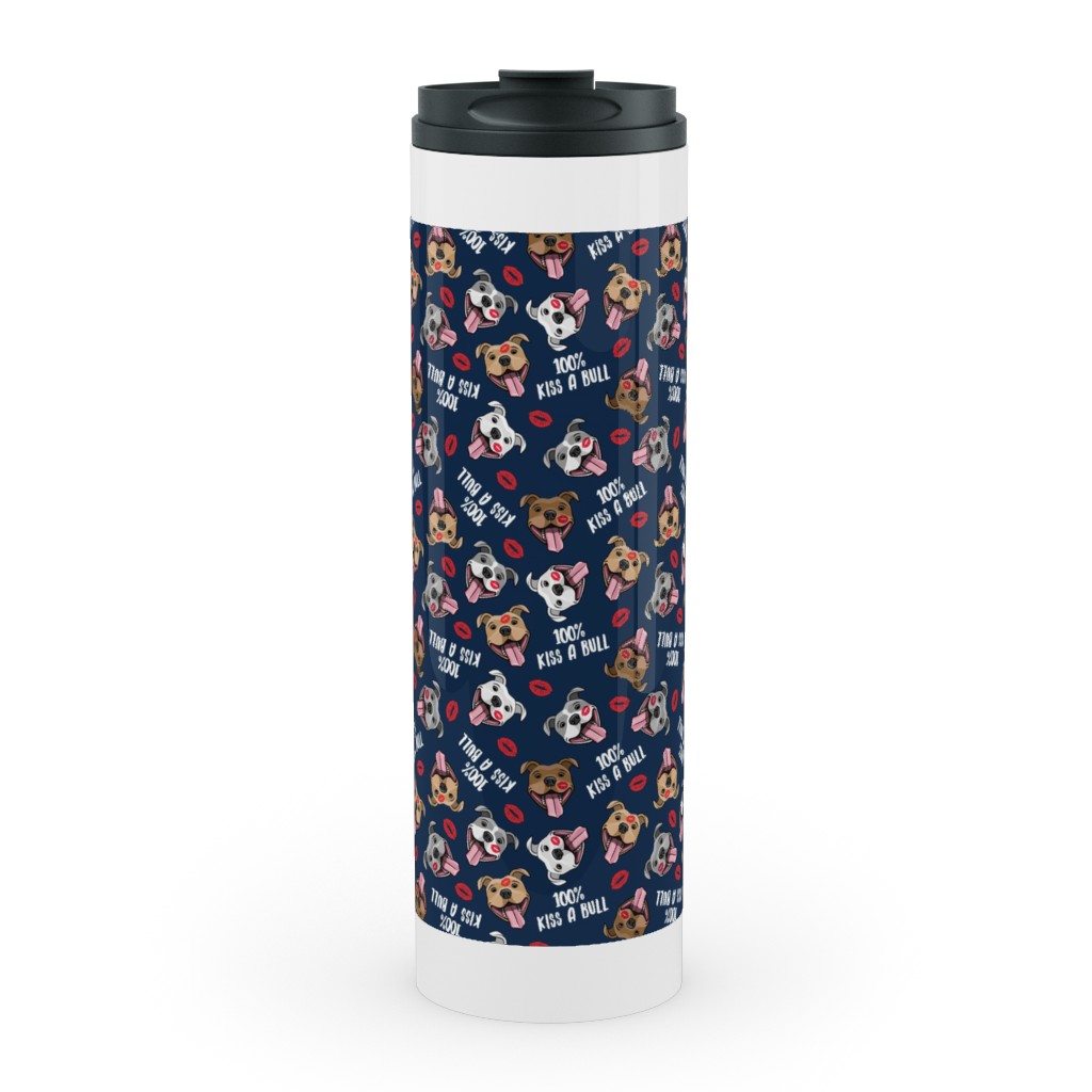 100% Kiss a Bull - Cute Pit Bull Dog - Red and Blue Stainless Mug, White,  , 20oz, Blue