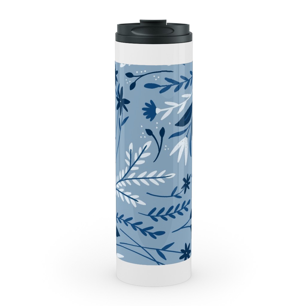 Dotty Floral - Blue Stainless Mug, White,  , 20oz, Blue