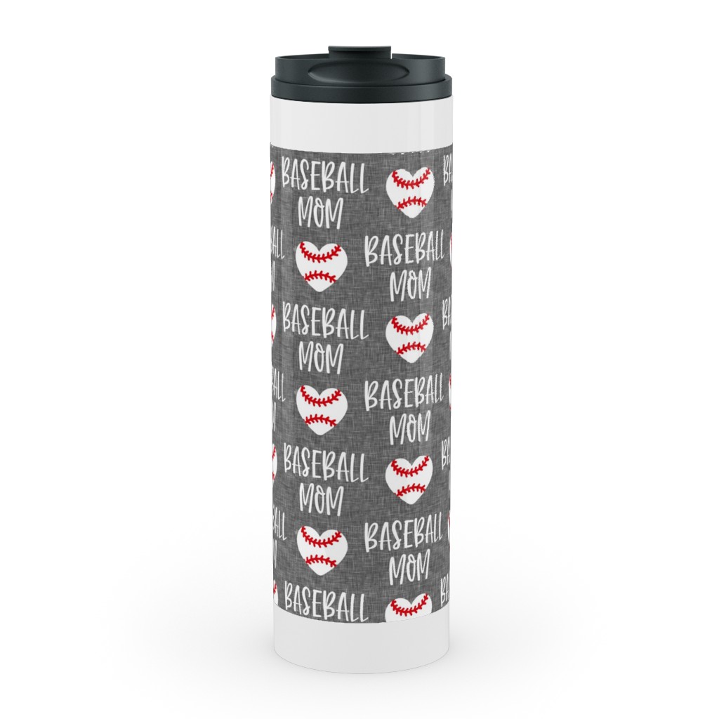 Baseball Mom - Baseball Heart - White on Grey Stainless Mug, White,  , 20oz, Gray