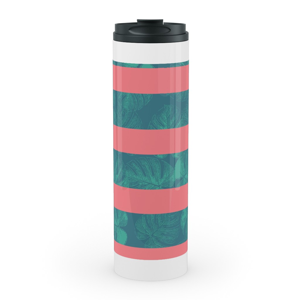 Monstera Leaf Stripes Stainless Mug, White,  , 20oz, Green