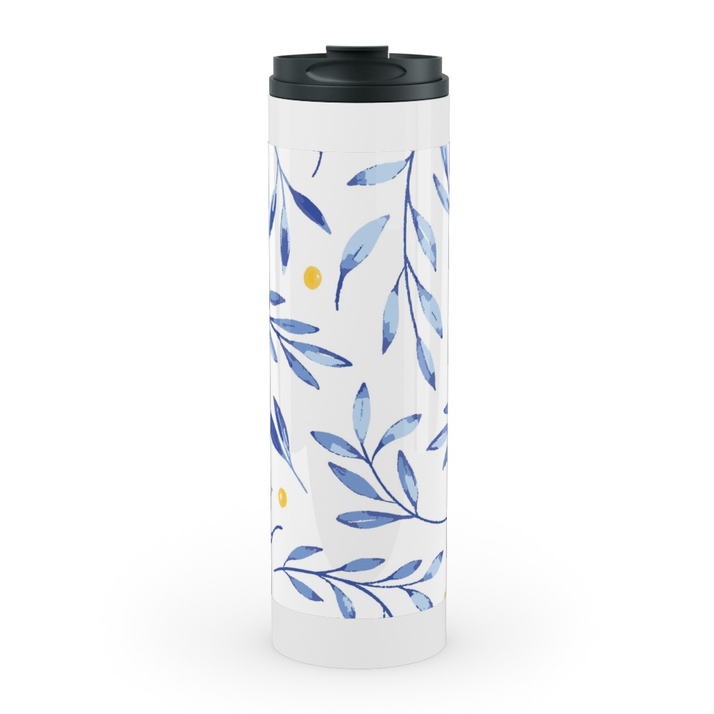 Blue Leaves With Berries Stainless Mug, White, , 20oz, Blue, True Blue