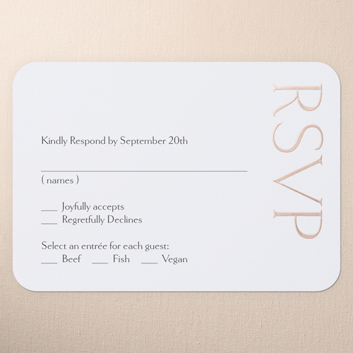 Gleaming Headline Wedding Response Card, White, Rose Gold Foil, Personalized Foil Cardstock, Rounded