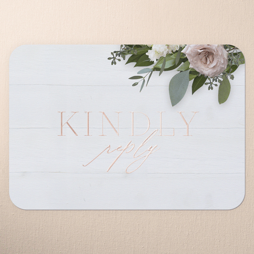 Classic Bouquet Wedding Response Card, Rose Gold Foil, White, Personalized Foil Cardstock, Rounded, White
