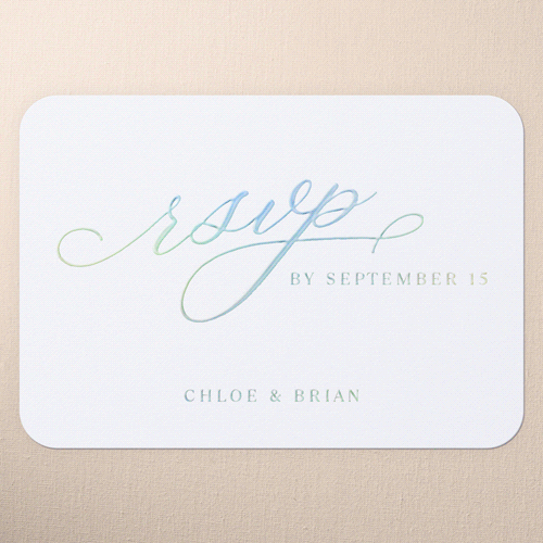 Grand Script Wedding Response, Iridescent Foil, White, Personalized Foil Cardstock, Rounded, White