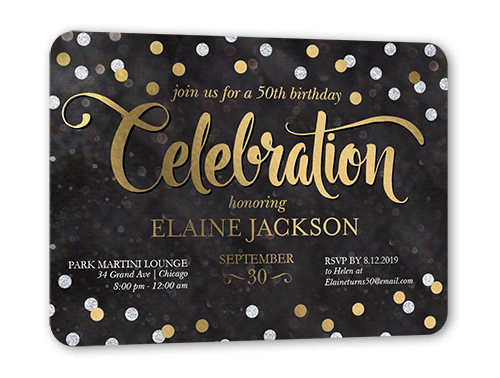 Bokeh Confetti Birthday Invitation, Gold Foil, Black, 5x7, Matte, Personalized Foil Cardstock, Rounded