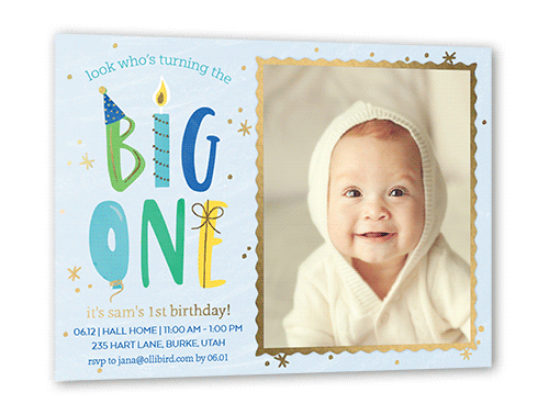 Big One Boy Birthday Invitation, Blue, Gold Foil, 5x7, Matte, Personalized Foil Cardstock, Square