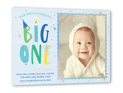 Big One Boy Birthday Invitation, Blue, Iridescent Foil, 5x7, Matte, Personalized Foil Cardstock, Square, Blue