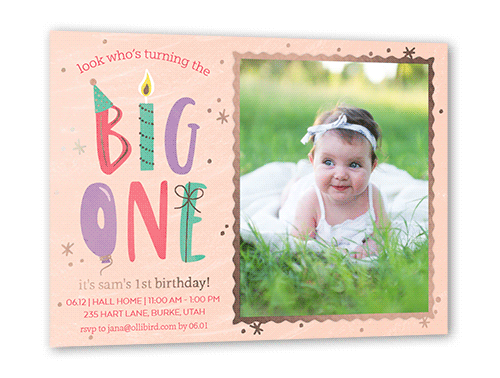Big One Girl Birthday Invitation, Orange, Rose Gold Foil, 5x7, Matte, Personalized Foil Cardstock, Square, White